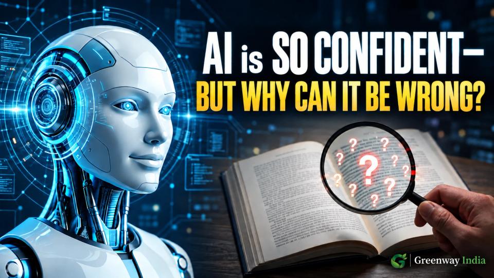 AI robot beside an open book, with question marks visible through a handheld magnifying glass.