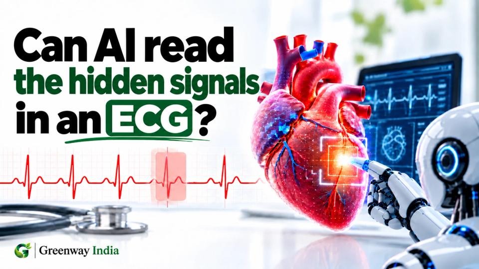 Medical illustration showing AI analysis of ECG heart signals for signs of reduced pumping function — Greenway India