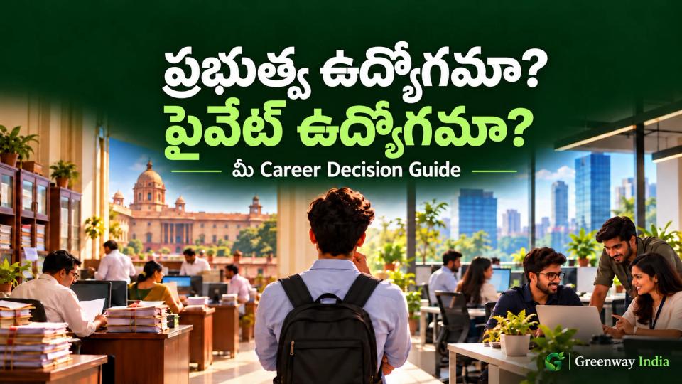 ప్రభుత్వ కార్యాలయం, ప్రైవేట్ కార్యాలయం మధ్య కెరీర్ ఎంపికను ఆలోచిస్తున్న యువ గ్రాడ్యుయేట్‌ను చూపించే వివరణాత్మక చిత్రం.