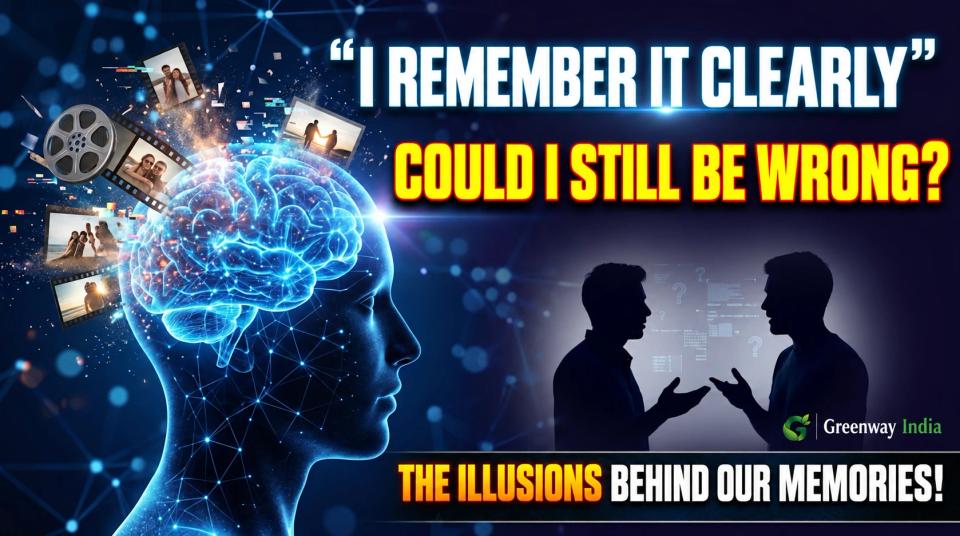 Glowing brain with floating memory photos and two people in conversation.