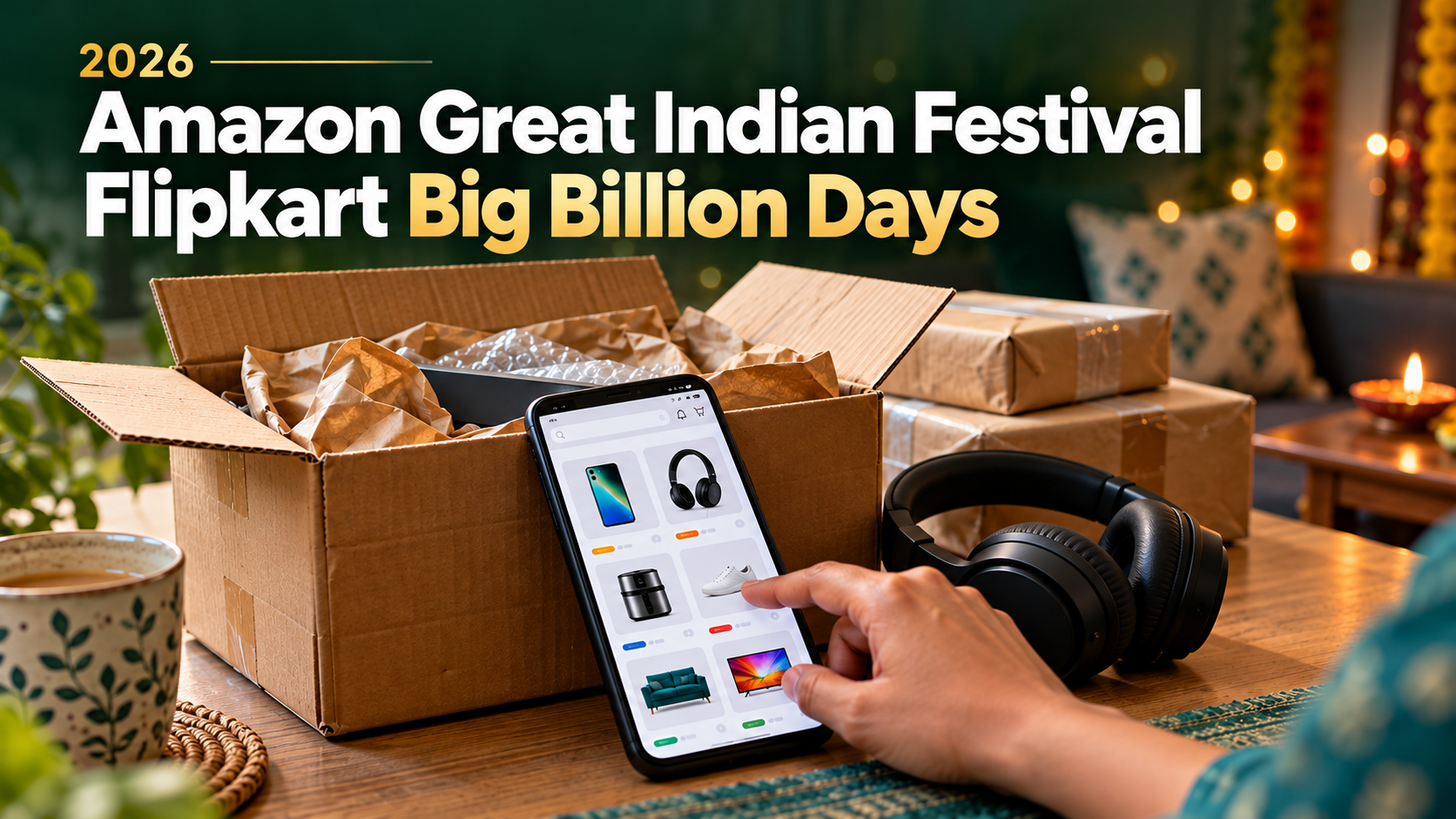 Amazon Great Indian Festival, Flipkart Big Billion Days 2026 పేర్లతో ఫోన్, హెడ్‌ఫోన్లు, డెలివరీ పెట్టెల షాపింగ్ చిత్రం.