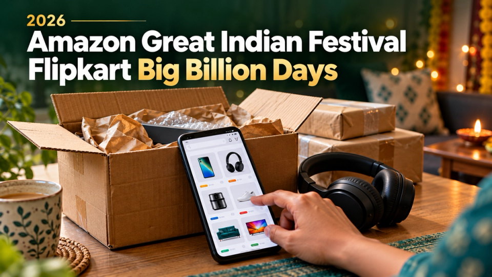 Amazon Great Indian Festival, Flipkart Big Billion Days 2026 పేర్లతో ఫోన్, హెడ్ఫోన్లు, డెలివరీ పెట్టెల షాపింగ్ చిత్రం.