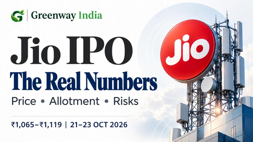 Jio logo and a telecom tower illustrating IPO price, allotment and risks.
