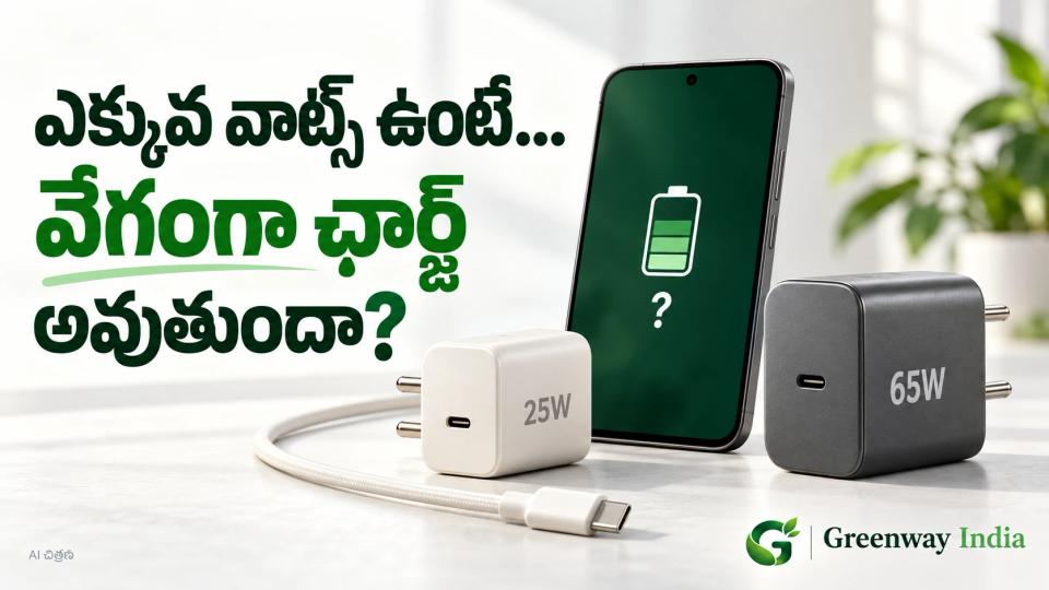 25W, 65W అని ఉన్న రెండు సాధారణ ఛార్జర్లు, బ్యాటరీ గుర్తు మరియు ప్రశ్నార్థకం ఉన్న ఫోన్, USB-C కేబుల్ను చూపించే AI చిత్రణ.