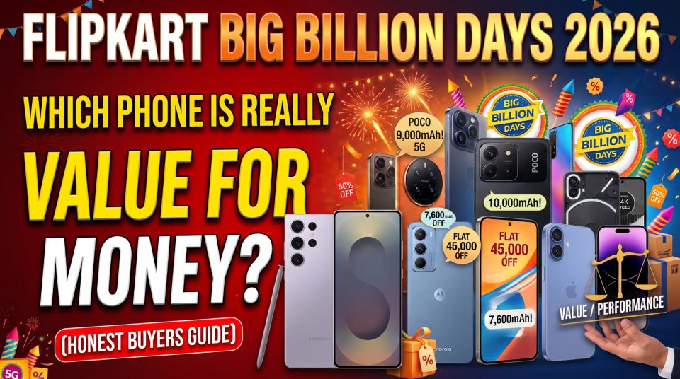 Flipkart Big Billion Days 2026 smartphone buyers’ guide illustration with various phones, battery labels, discount symbols and festive decorations.