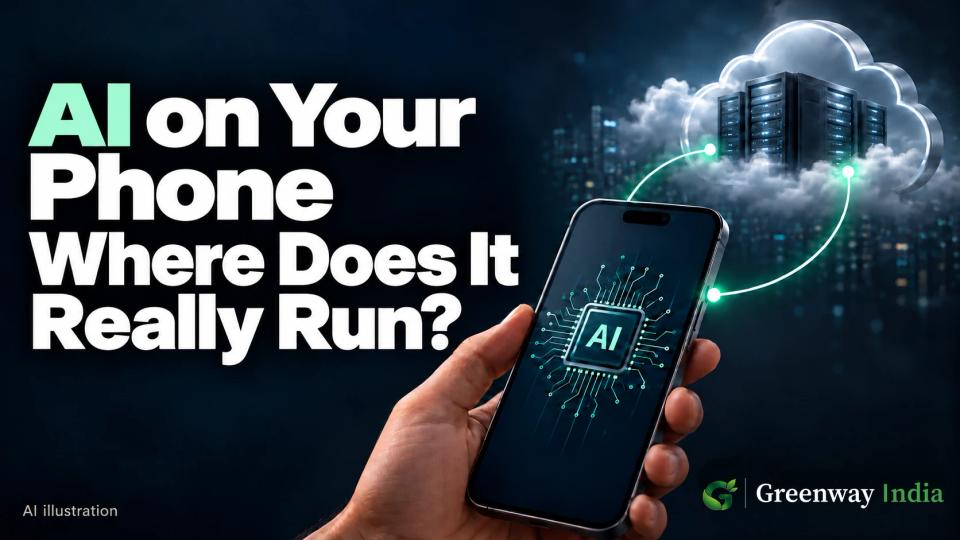 Illustration of a hand holding a phone with an AI chip on its screen, connected by lines to servers inside a cloud.