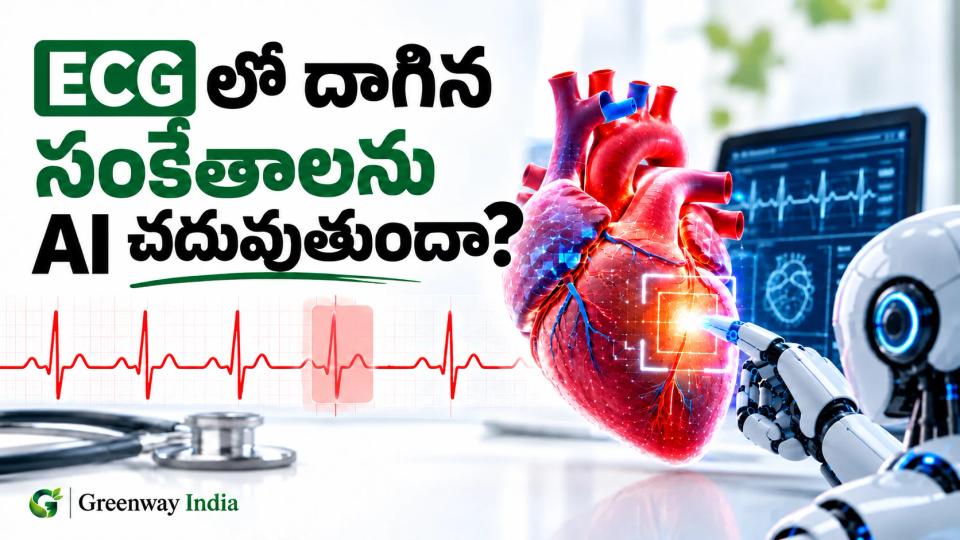 ECG గుండె విద్యుత్ సంకేతాలను విశ్లేషిస్తున్న AI వ్యవస్థను చూపించే వైద్య విజువల్ — Greenway India