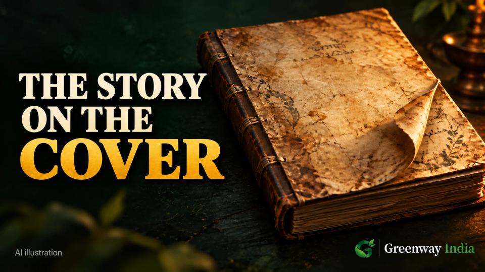 AI illustration of an old bound book with a curled parchment cover and illustrative handwriting, beside The Story on the Cover headline.