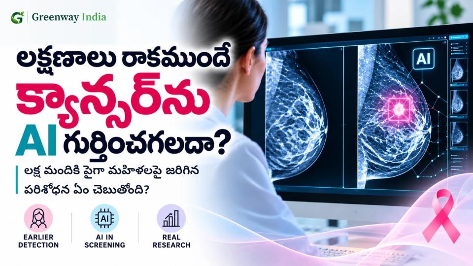 మామోగ్రఫీ స్కాన్ను పరిశీలిస్తున్న వైద్య నిపుణురాలి పక్కన AI విశ్లేషణను సూచించే గ్రాఫిక్స్తో బ్రెస్ట్ క్యాన్సర్ స్క్రీనింగ్ ప్రతీకాత్మక చిత్రం.