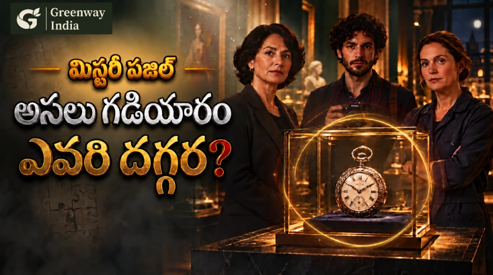 గాజు పెట్టెలో పాకెట్ వాచ్, వెనుక ముగ్గురు అనుమానితులు; అసలు గడియారం ఎవరి దగ్గర అనే Greenway India మిస్టరీ పజిల్ కవర్.