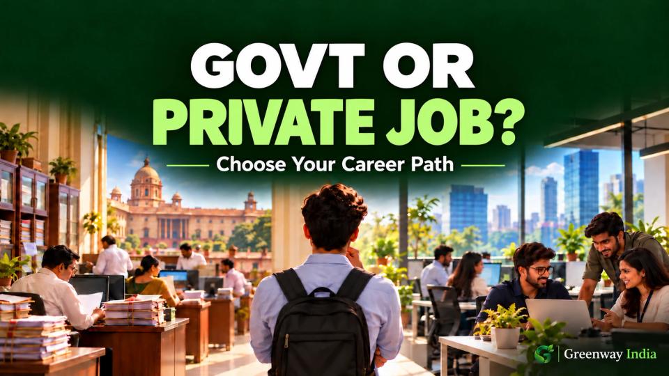An illustrative graduate considering career options between a government office and a private workplace.