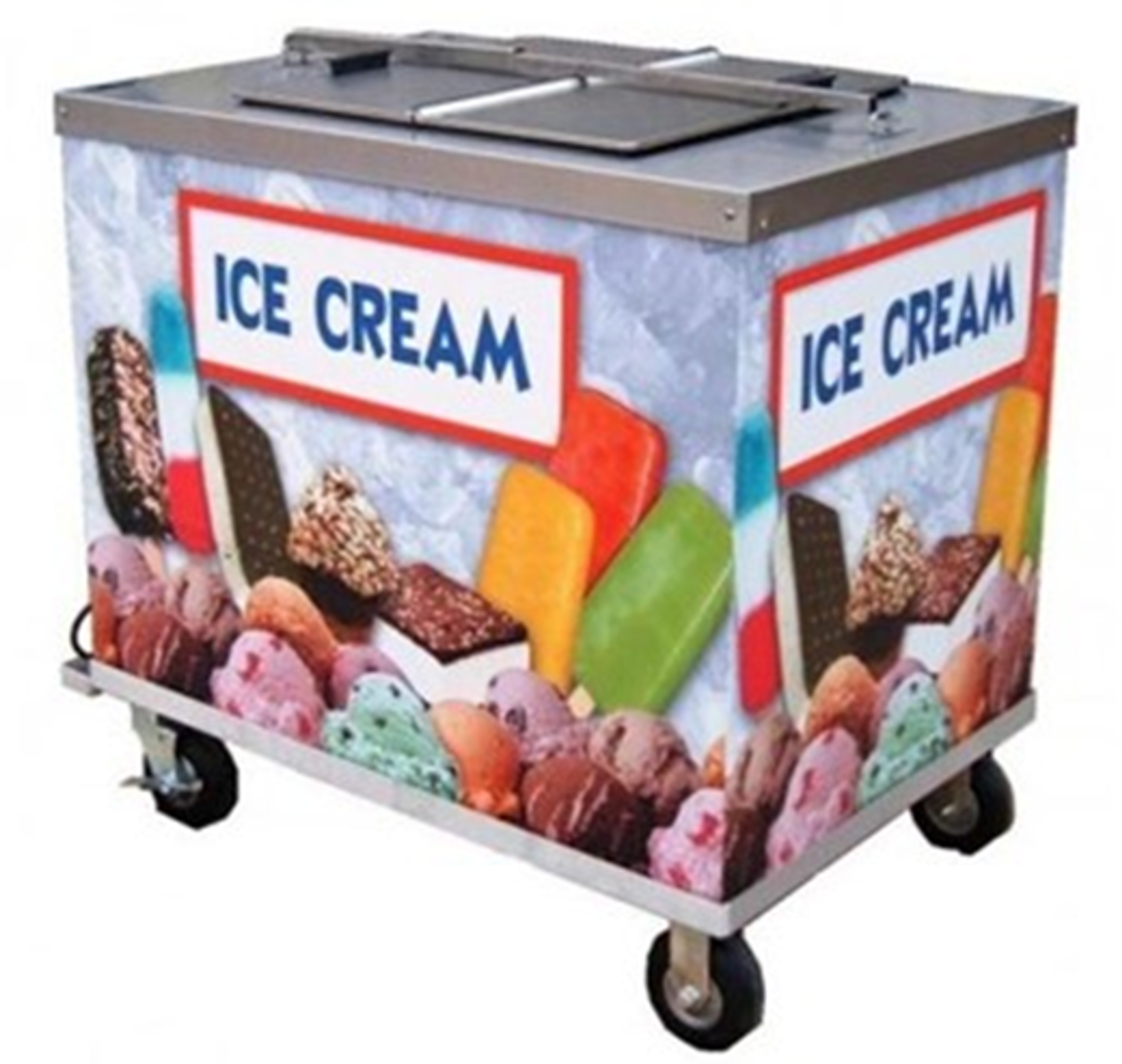 A wheeled ice cream cooler cart stocked with ice cream bars and popsicles
