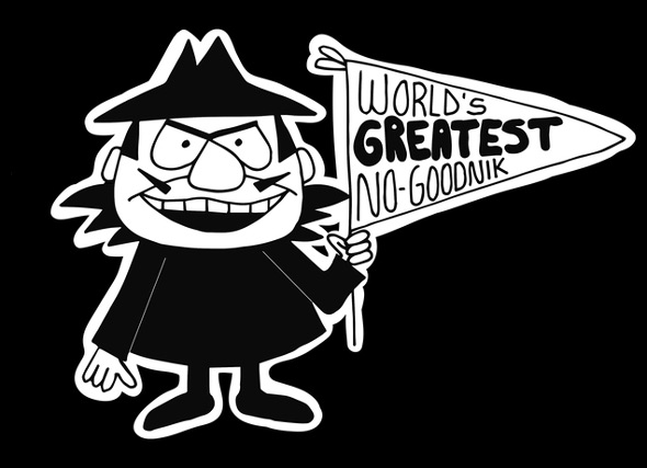 Boris Badenov holding a pennant that reads World's Greatest No-Goodnik
