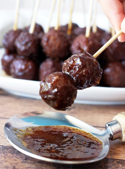 Teriyaki-glazed meatballs on cocktail sticks