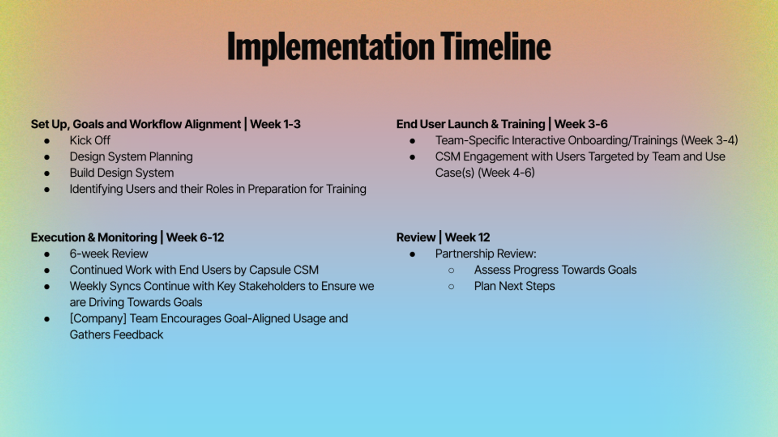 Webflow's Capsule implementation timeline: four phases from design system build through end-user training, monitoring, and partnership review over 12 weeks.