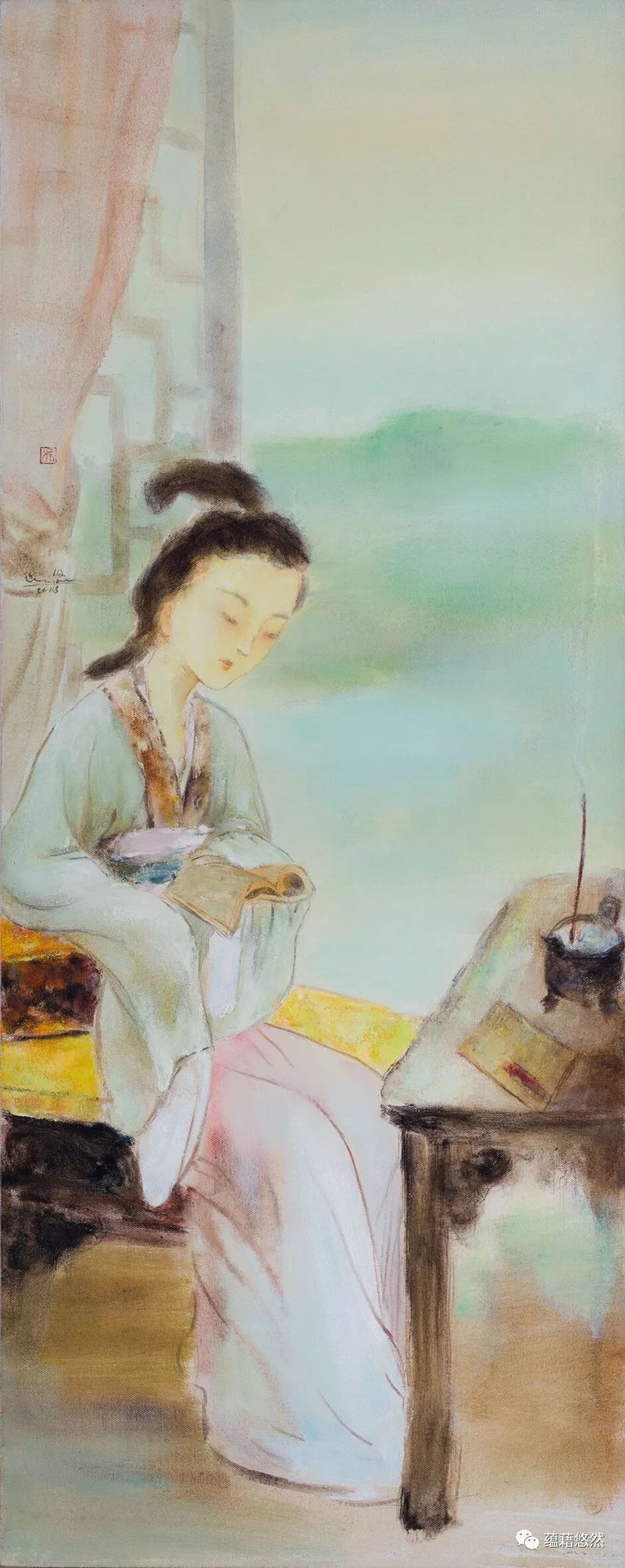 金陵十二钗之迎春读经 布面油彩 150x60cm 2018