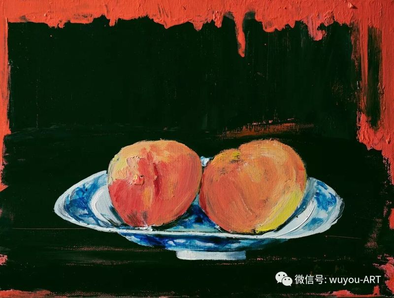 画这盘中两个桃，想起了齐国三士，世人不讴歌士的高贵与侠义，却赞叹晏婴的阴谋和权术，以致春秋已降世风日下……这蜜桃汁的甜里是否有士的信义与刚烈……