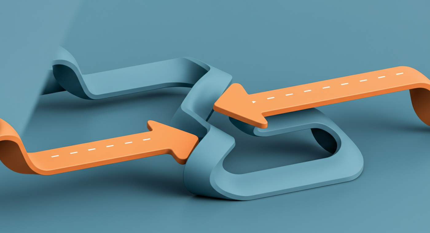 Abstract illustration of two competing sales channels in conflict, representing the tension between direct and partner-led go-to-market strategies