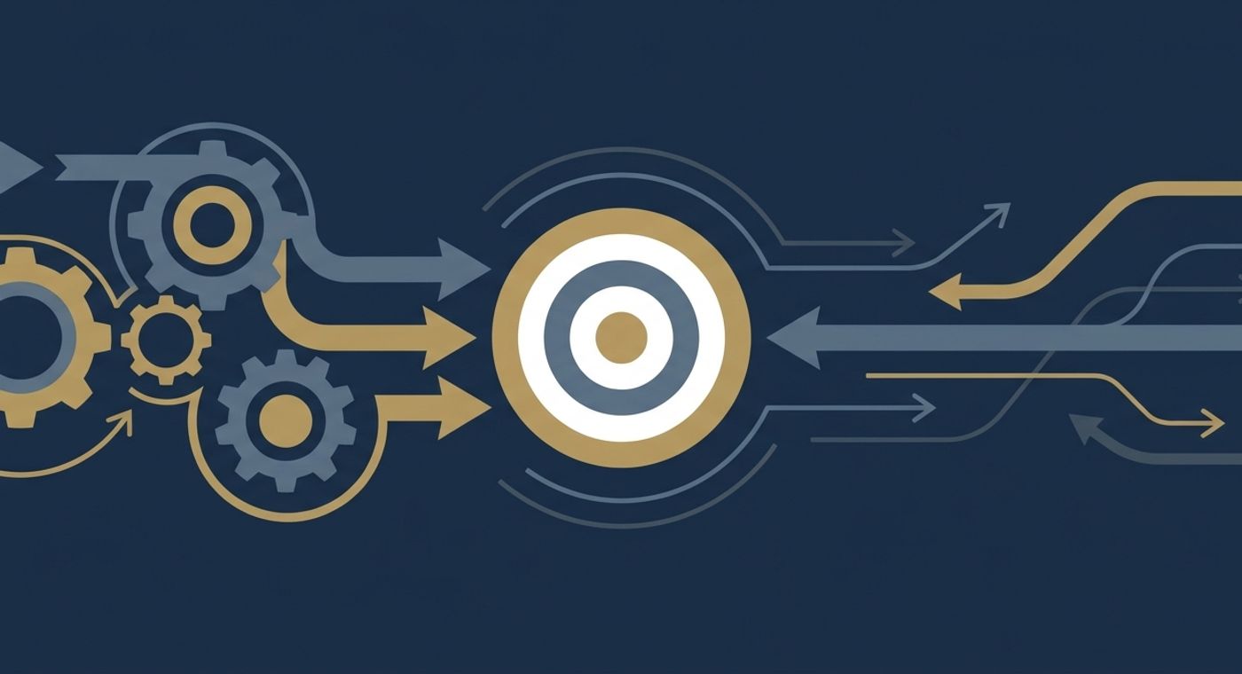 Abstract illustration of interlocking gears and converging arrows aimed at a single target, representing aligned partner incentives