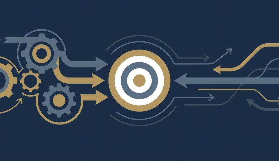 Abstract illustration of interlocking gears and converging arrows aimed at a single target, representing aligned partner incentives