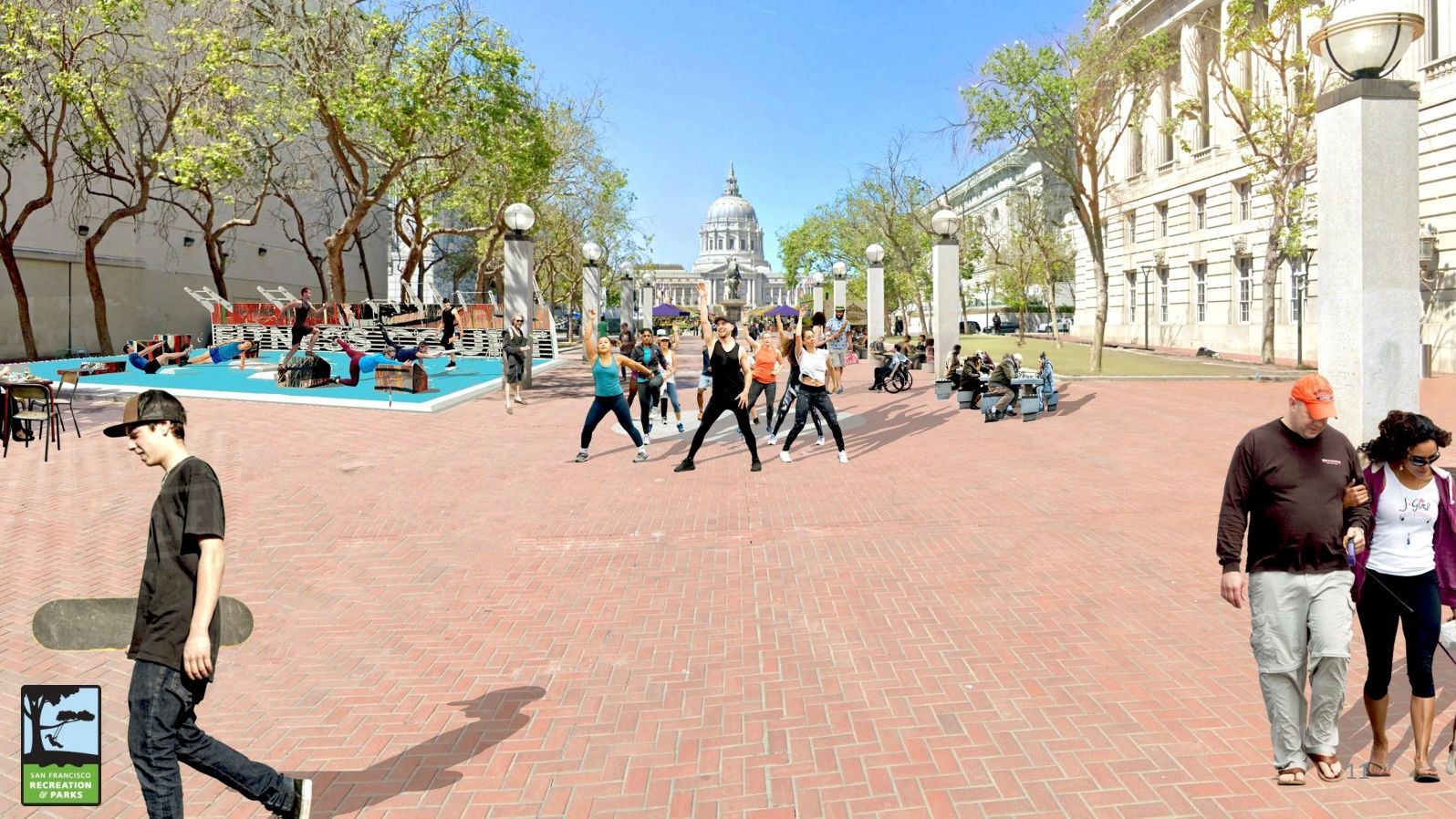 A pilot street skating plaza, exercise area, Ping Pong tables, Chess tables, teqball tables will be installed under the United Nations Plaza Activation Project. Courtesy SF Recreation and Parks Department