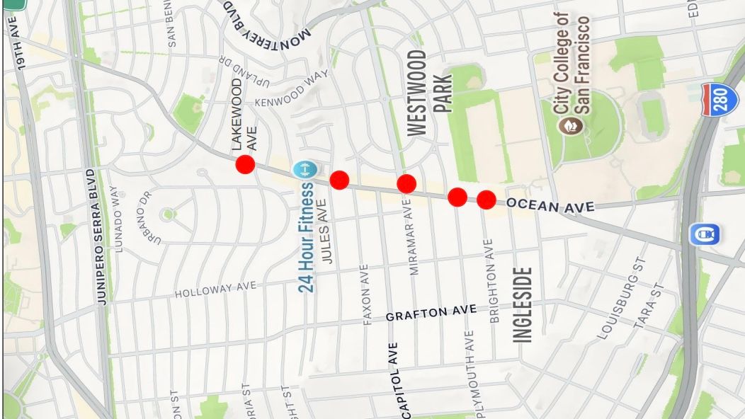 In the SFMTA’s K Ingleside Rapid Project, there will be restrictions for left turns at 5 intersections. The locations are Ocean Avenue onto Brighton Avenue (southbound), Plymouth Avenue (northbound), Miramar Avenue (southbound), Jules Avenue (southbound) and Lakewood Avenue (northbound). Sources: SFMTA and Google Maps