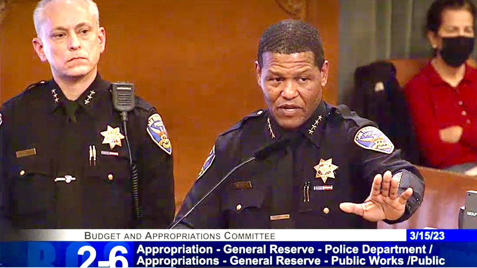 Police Chief Bill Scott (right) and Assistant Chief David Lazar answer questions from the Supervisors at the Budget Committee hearing held on March 15.  Screenshot