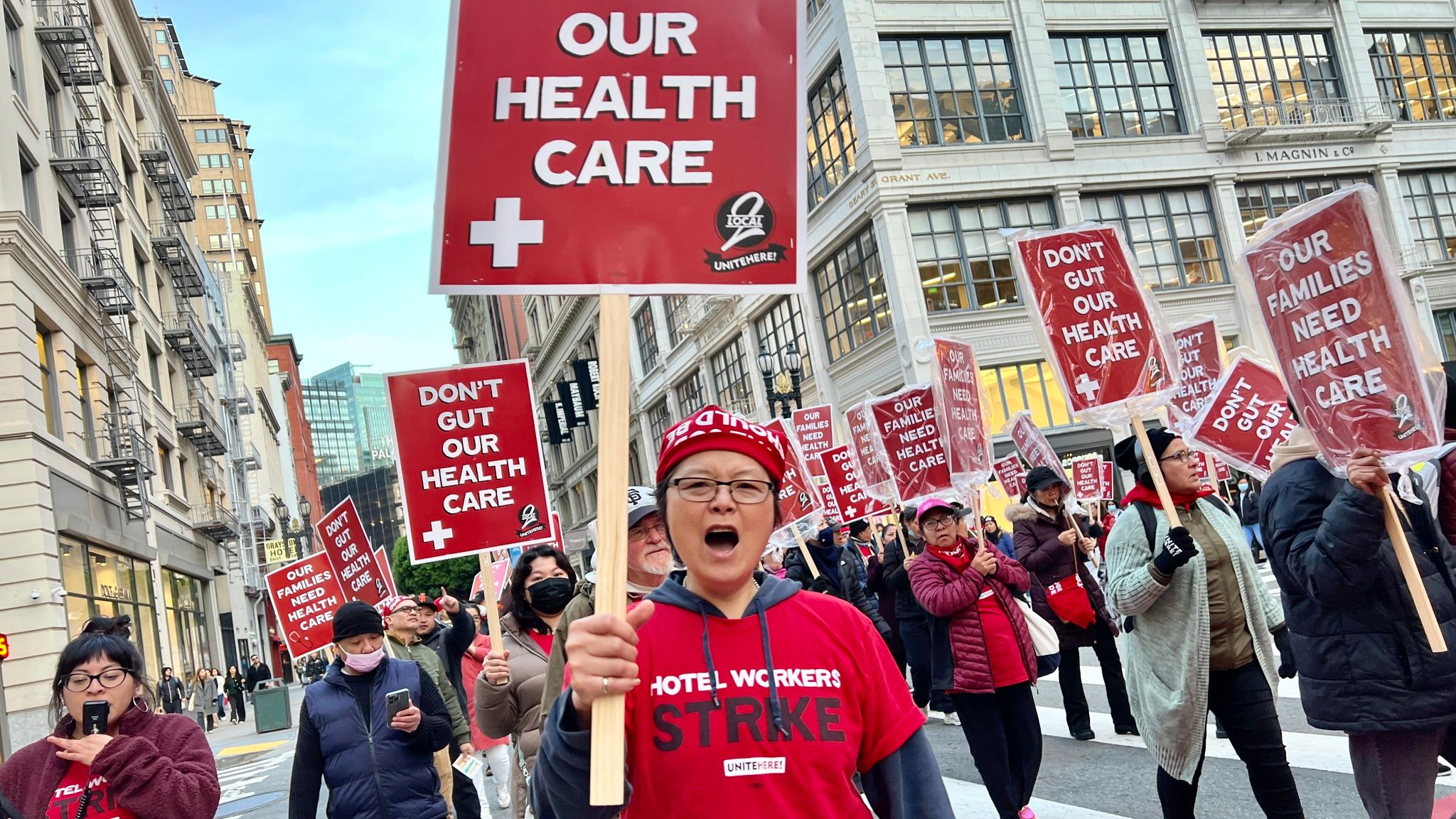 UNITE HERE Local 2 union members and supporters march in San Francisco streets while 2,500 hotel workers are on strike from September 22, 2024 until Christmas eve on December 24, 2024. Courtesy UNITE HERE Local 2 union