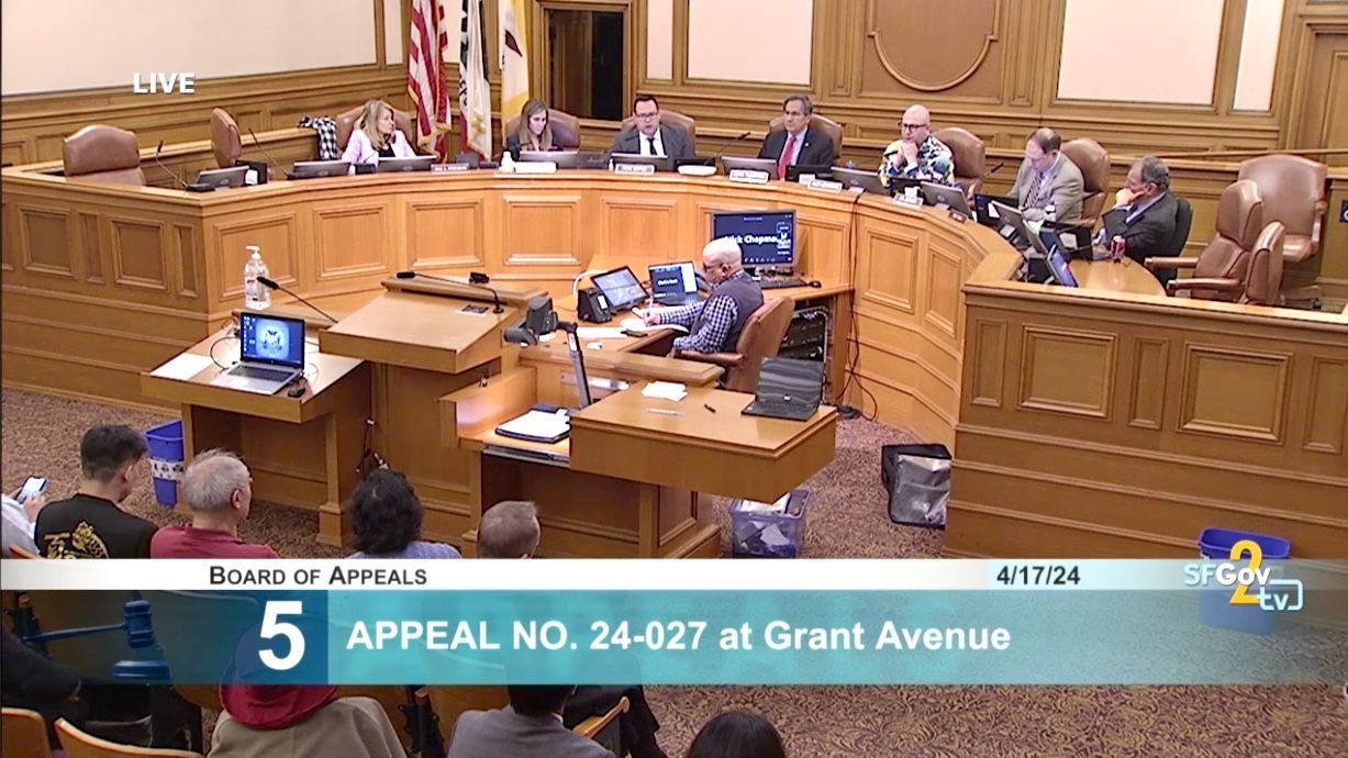 After a 4-hour public hearing, the Board of Appeals votes 4:1 to grant the appeal filed by the merchants and modifies the permit with conditions for lion dance performances on Grant Avenue. Screenshot