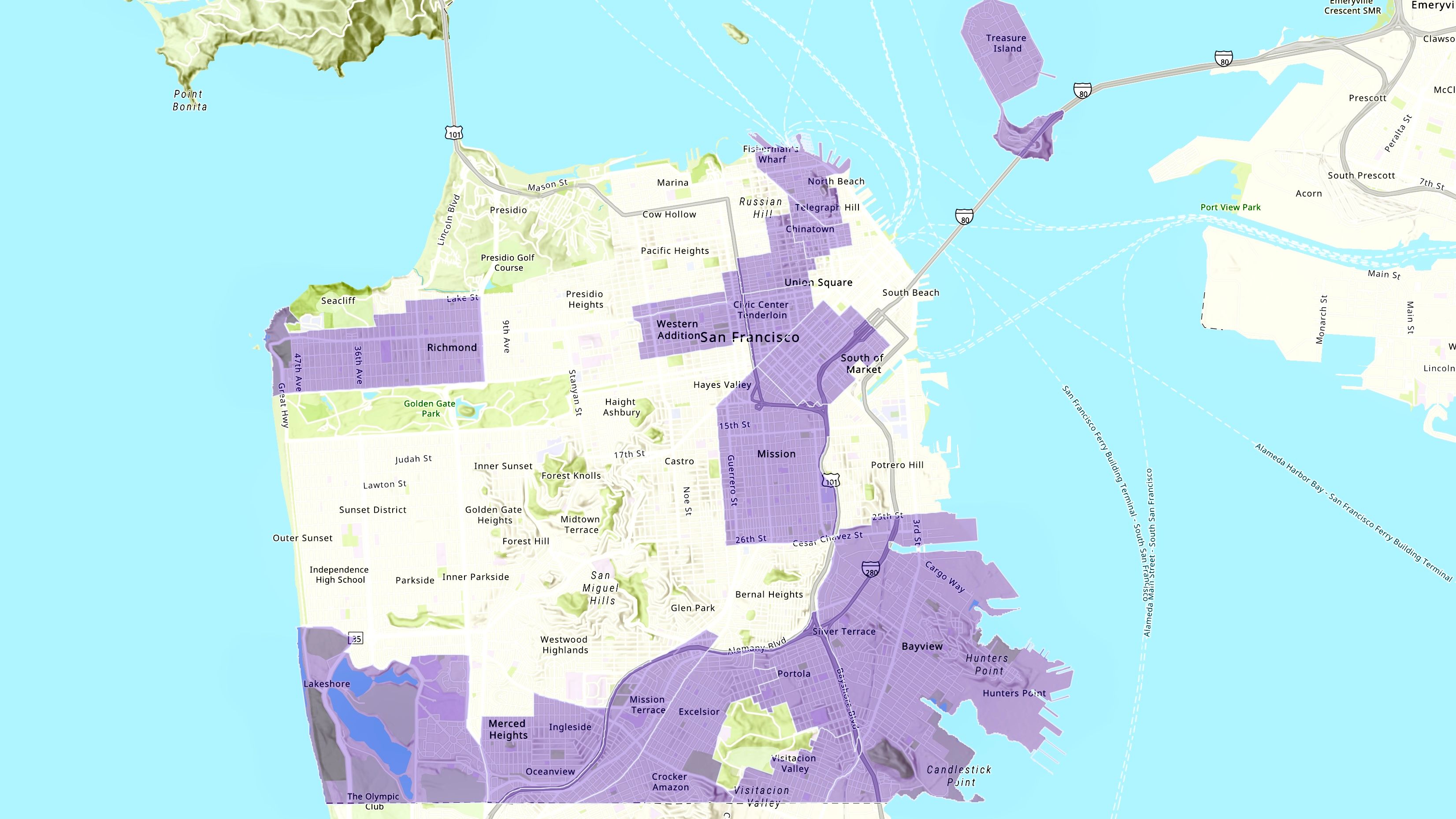 17 neighborhoods listed as designated low-moderate income area in purple will be prioritized by the City to be awarded with the SF Shines Equipment Grant in buying new equipment. Courtesy SFGOV.maps.arcgis.com