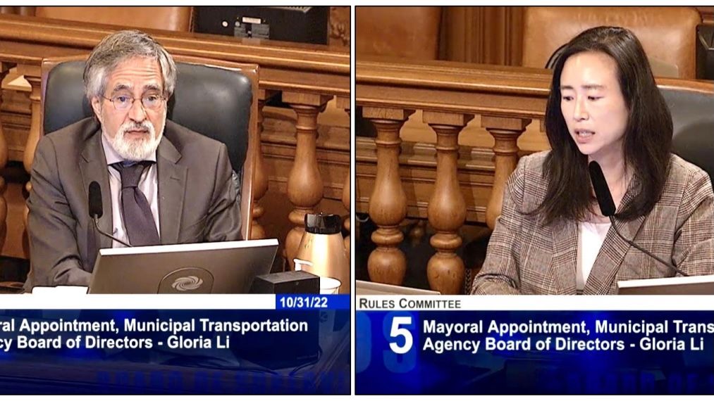 (Left photo) Supervisor Aaron Peskin, Chair of the Rules Committee, continues the confirmation hearing for SFMTA appointee Gloria Li. (Right photo) Supervisor Connie Chan publicly opposes the appointment. Screenshot photos