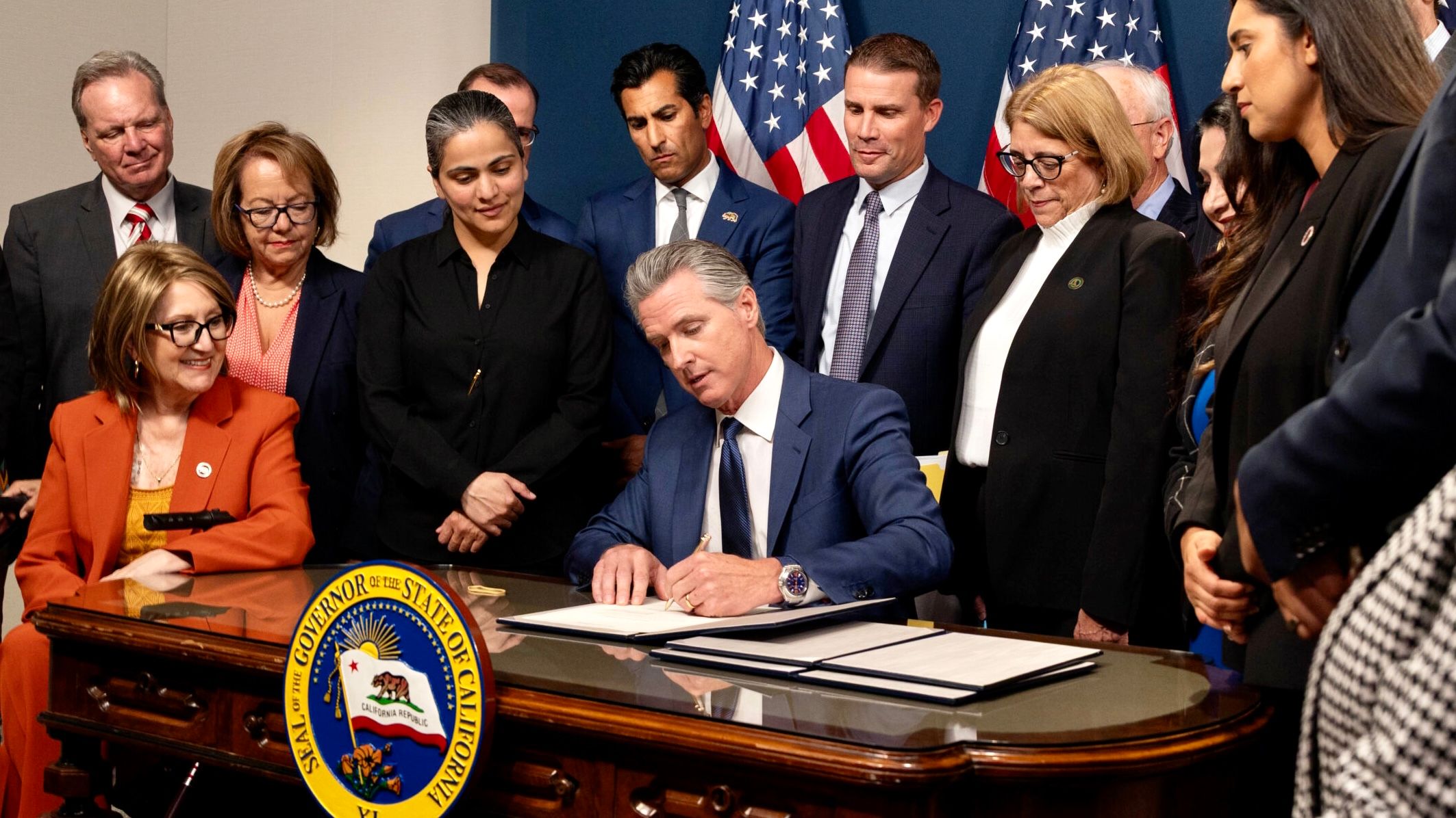 California Governor Newsom, alongside Speaker Robert Rivas and Senate pro Tempore Mike McGuire, signs the "Election Rigging Response Act" on August 21 to place Prop. 50 on the ballot of November 4 Special Election. Courtesy Governor's Office