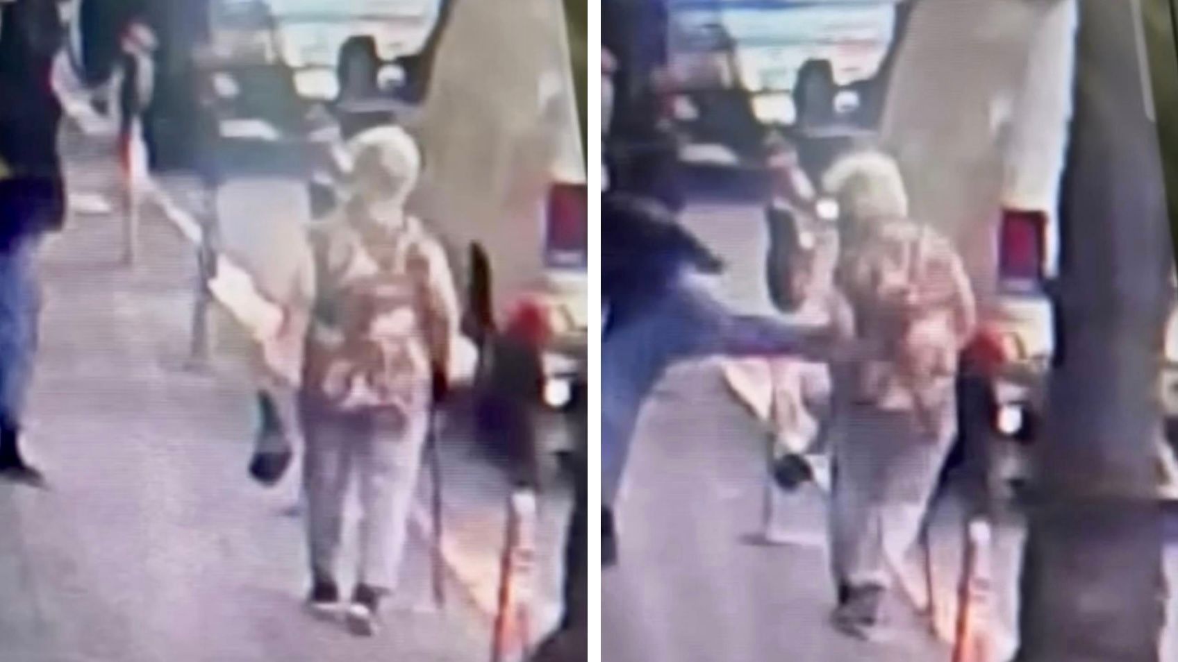 An 88-year-old Chinese woman victim (left photo) walks home carrying a bag of avocados in one hand and holding her crane in the other hand. She is kicked by the suspect vigorously (right photo) and thrown to the ground with massive injuries. Screenshot