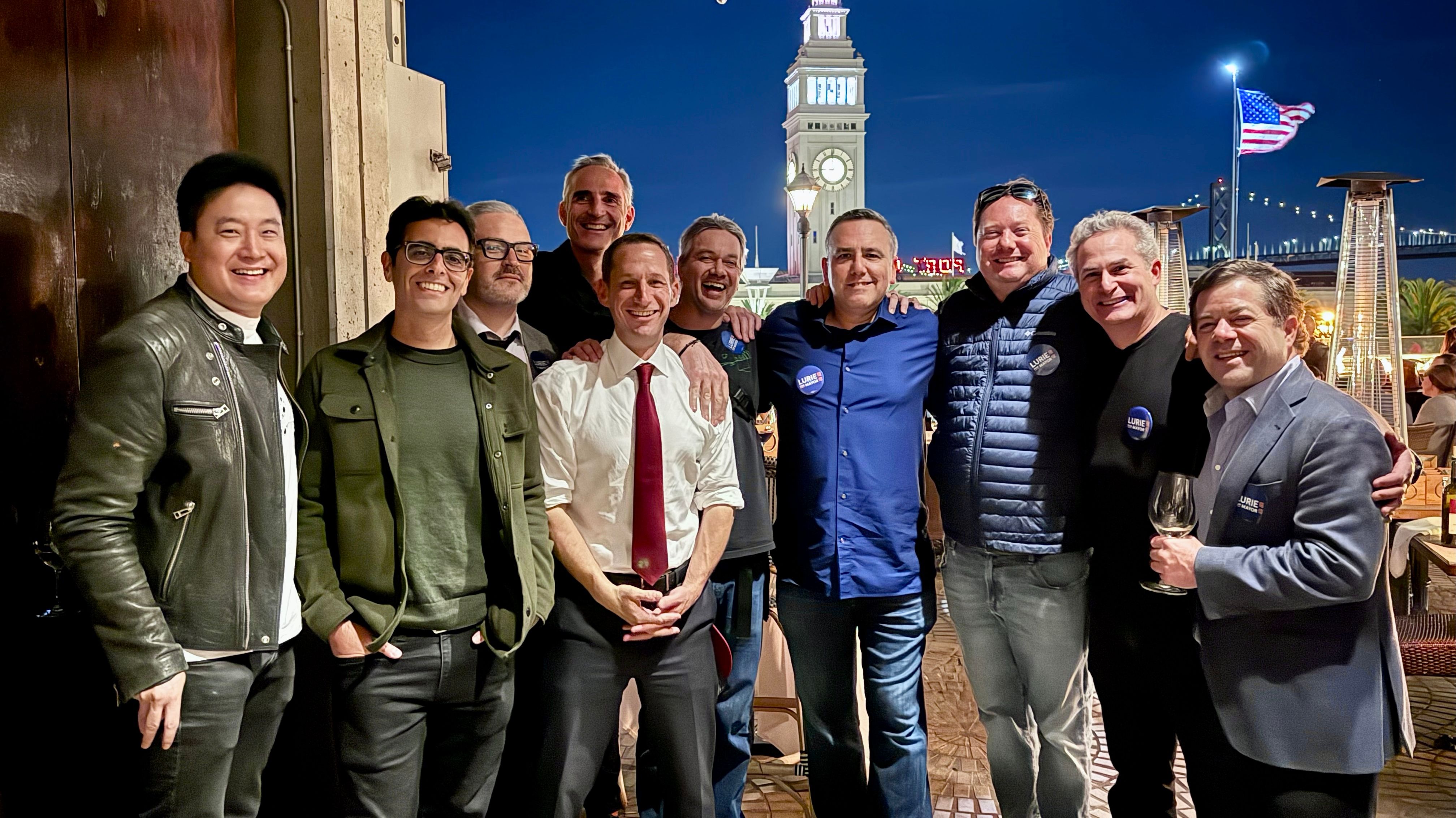 Mark Young (first from far left), Daniel Lurie (fifth from far left) and classmates from grammar school had a reunion gathering in San Francisco. Courtesy Mark Young