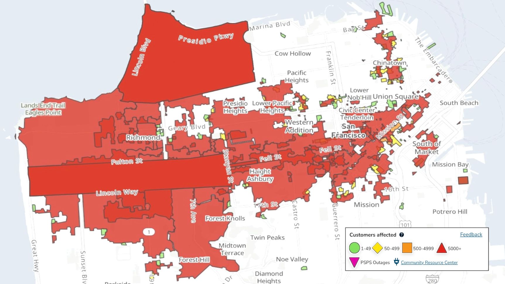 On December 20, 2025, 130,000 homes and businesses in San Francisco are without power primarily affecting customers in Richmond, Sunset, Haight Ashbury, Pacific Heights, Civic Center, Tenderloin and Chinatown due to the fire at PG&E’s substation at Mission and 8th Streets. Screenshot from PG&E website.