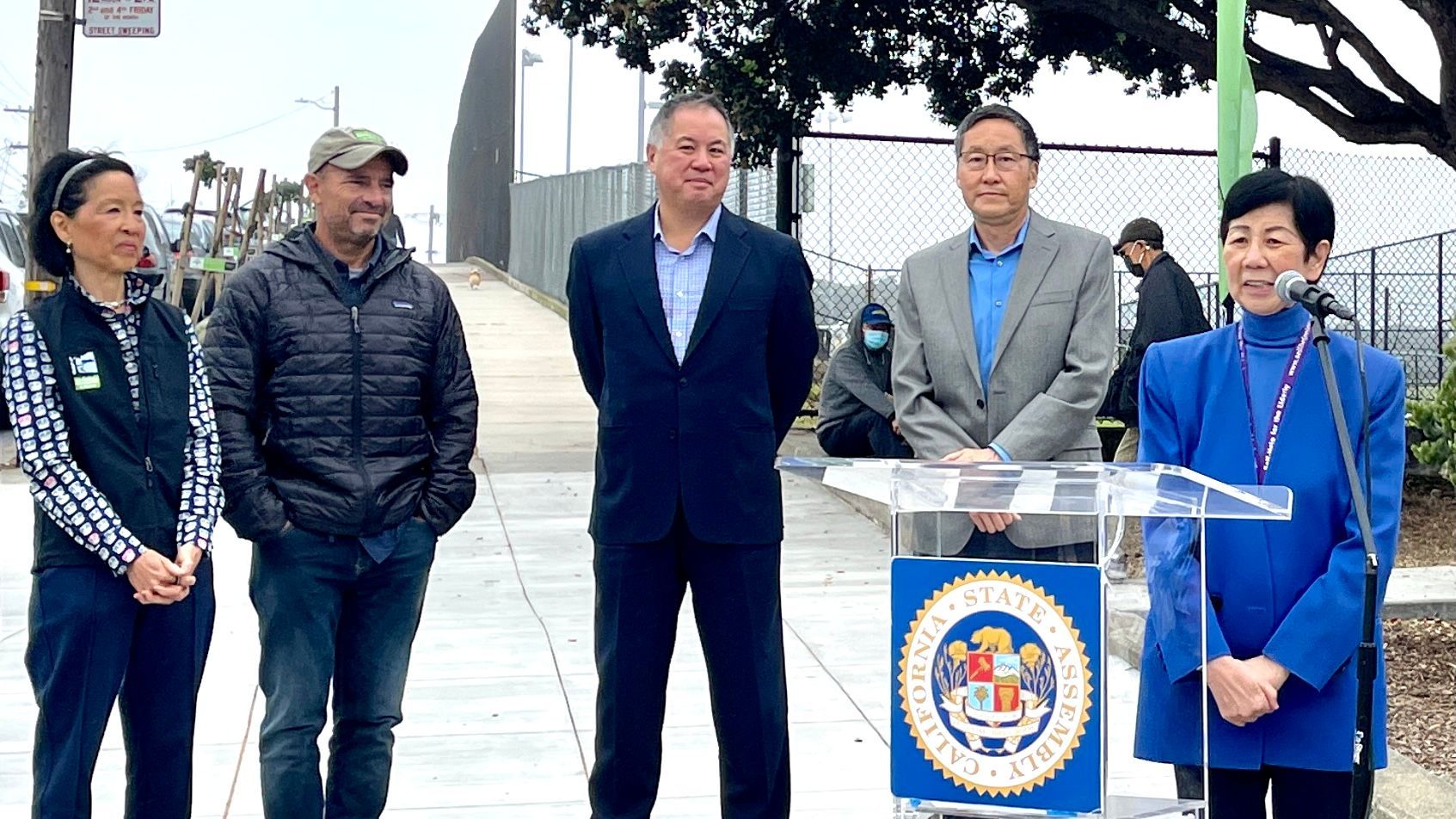 Anni Chung (first from far right) of Self-Help for the Elderly thanks for the state funding secured by Assemblymember Phil Ting (center) to expand the senior services in Sunset District. Photo by Portia Li