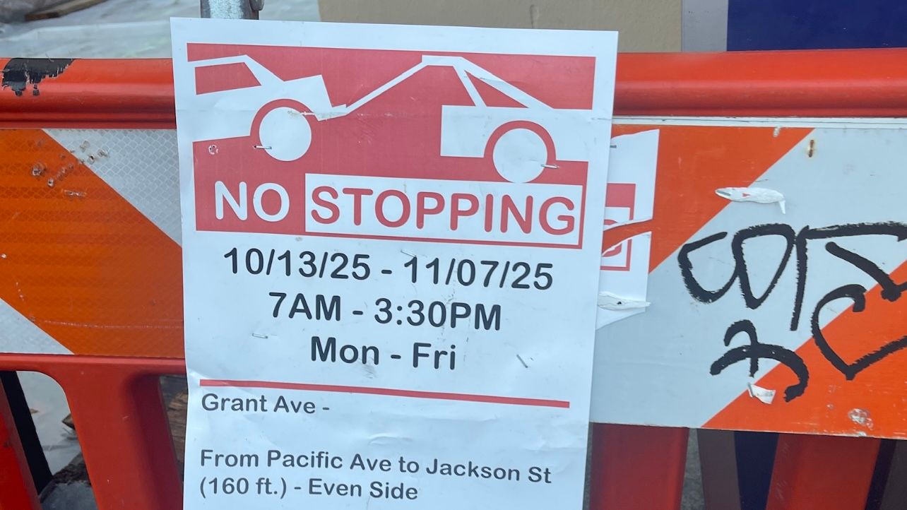 A permit posted on the barrier at the corner of Grant Avenue and Jackson Street in Chinatown shows that the permit for no stopping is valid from Oct. 13 to Nov. 7 in 2025. Courtesy Ed Siu