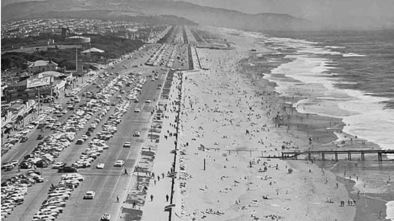 The photo shows the early years of the portion of Great Highway from Richmond District down south to Sunset District in San Francisco. Prop. K proposed by D4 Supervisor Joel Engardio was passed by citywide voters in November 2024 to permanently close the 2-mile Great Highway in Sunset District. Courtesy John Crabtree