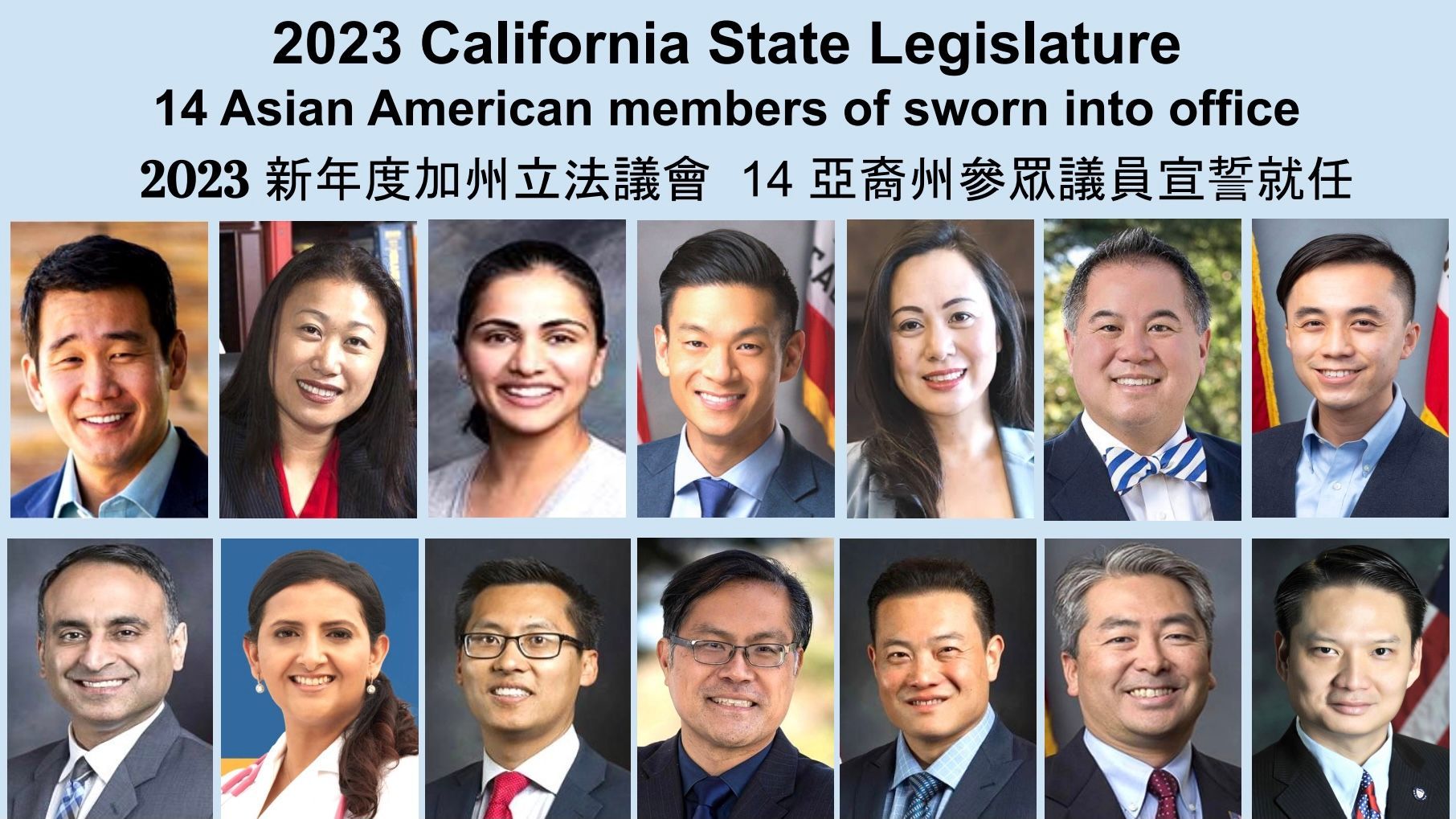 14 Asian Americans, including 6 Chinese Americans and 4 Asian women are sworn into office as members of the 2023 state legislature. Graphic by Portia Li