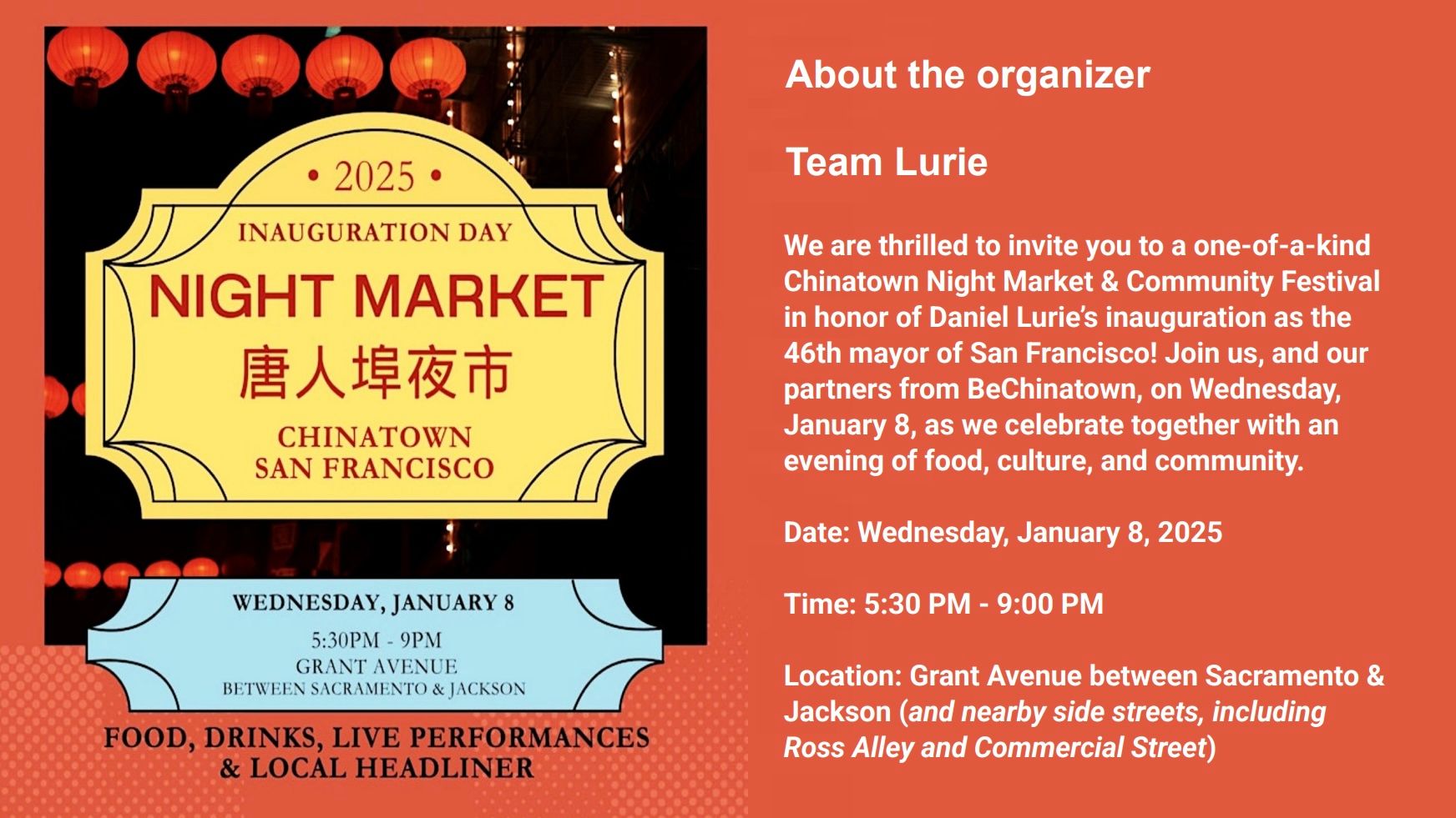 Mayor-Elect Daniel Lurie and his team announced online on December 30, 2024 a list of inaugural events including the Chinatown Night Market to be held on Jan. 8. The night market celebration event is partnered with BeChinatown. Screenshot