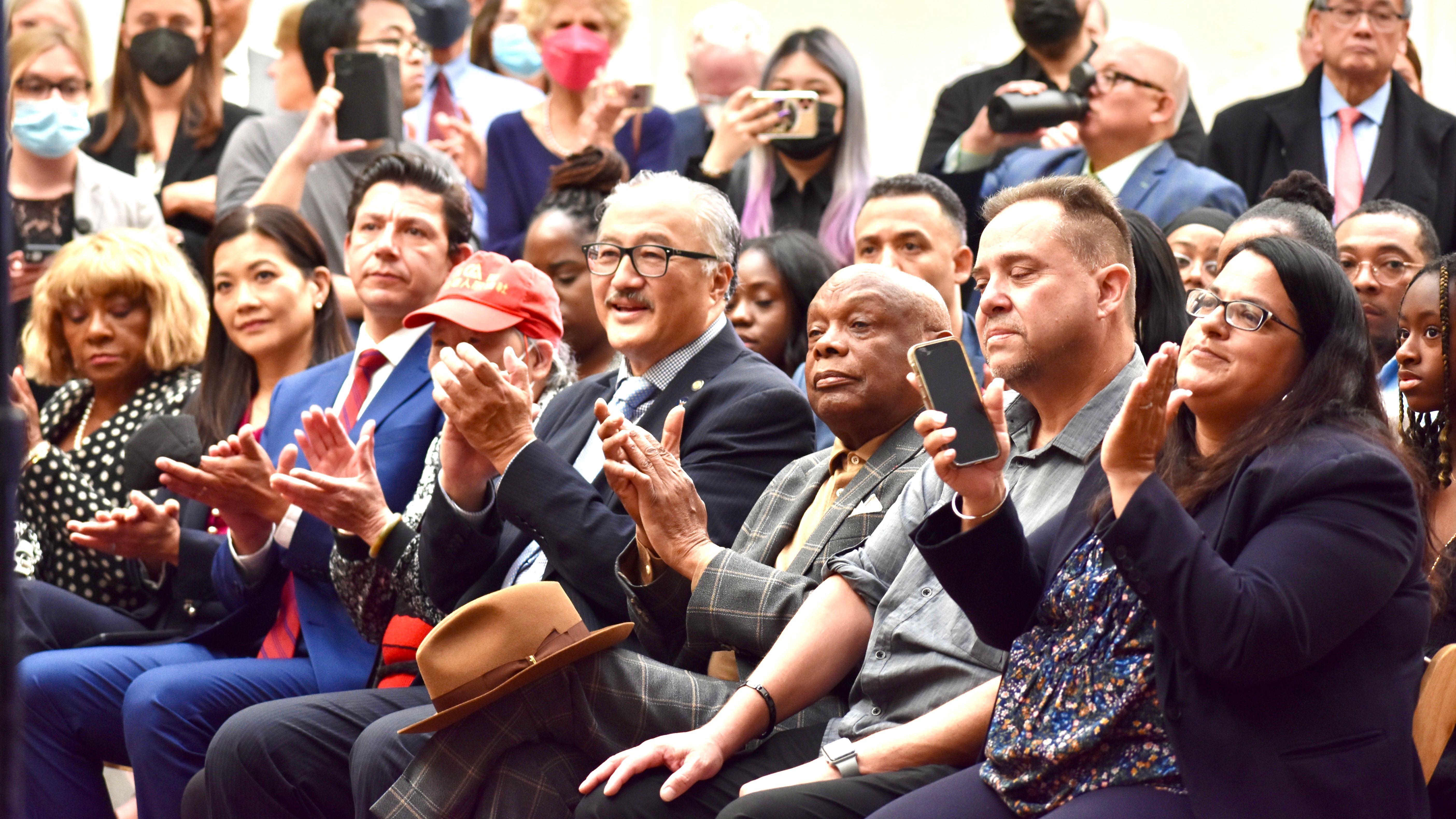 Political and community leaders attend the swearing in ceremony to congratulate Brooke Jenkins as the new District Attorney. Photo by Portia Li