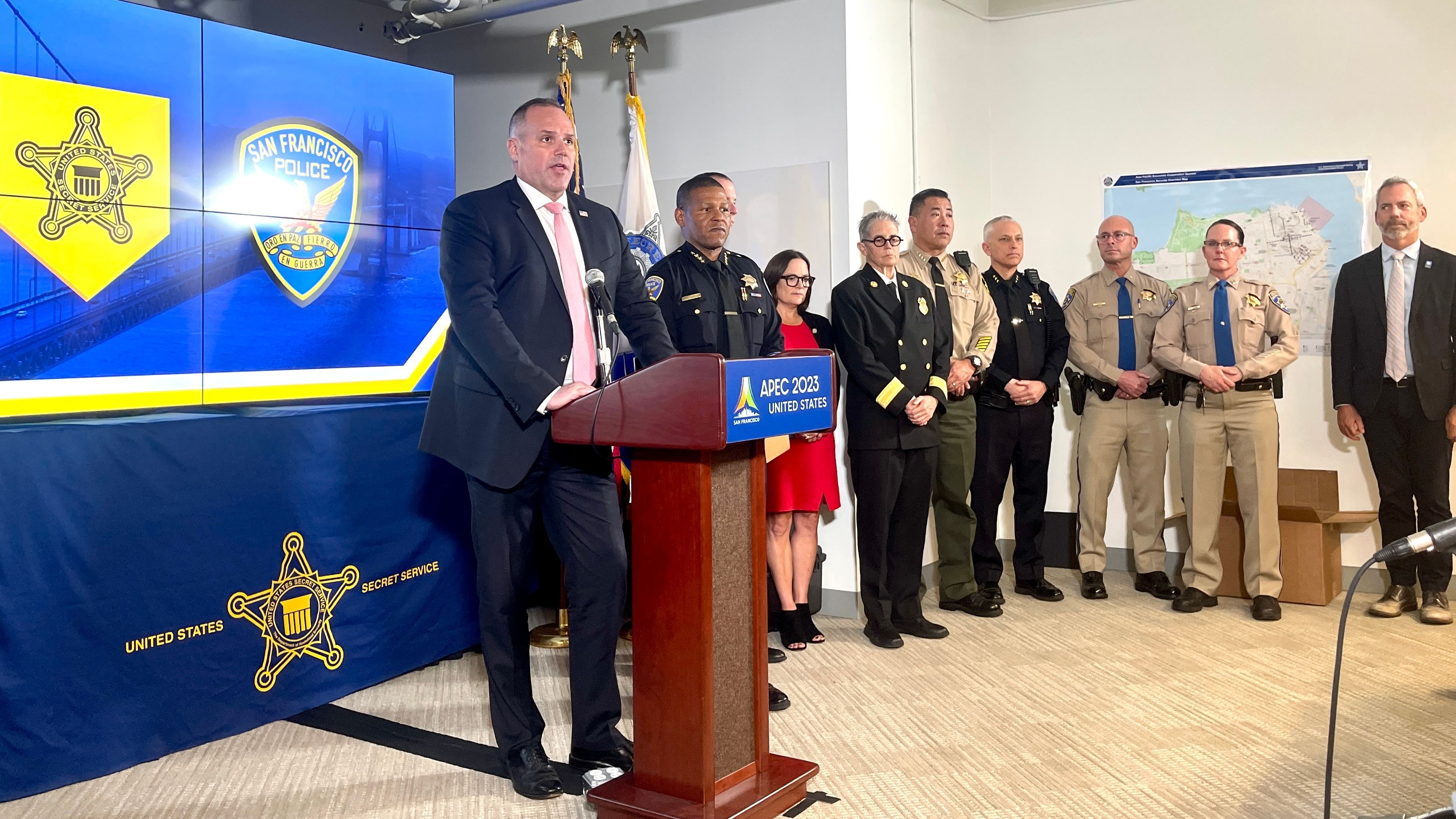 U.S. Secret Service’s APEC Summit Coordinator Jeremy Brown (from far left), Police Chief Bill Scott and City Department heads announce the security measures and traffic detours during the summit from Nov. 14-19. Photo by Portia Li