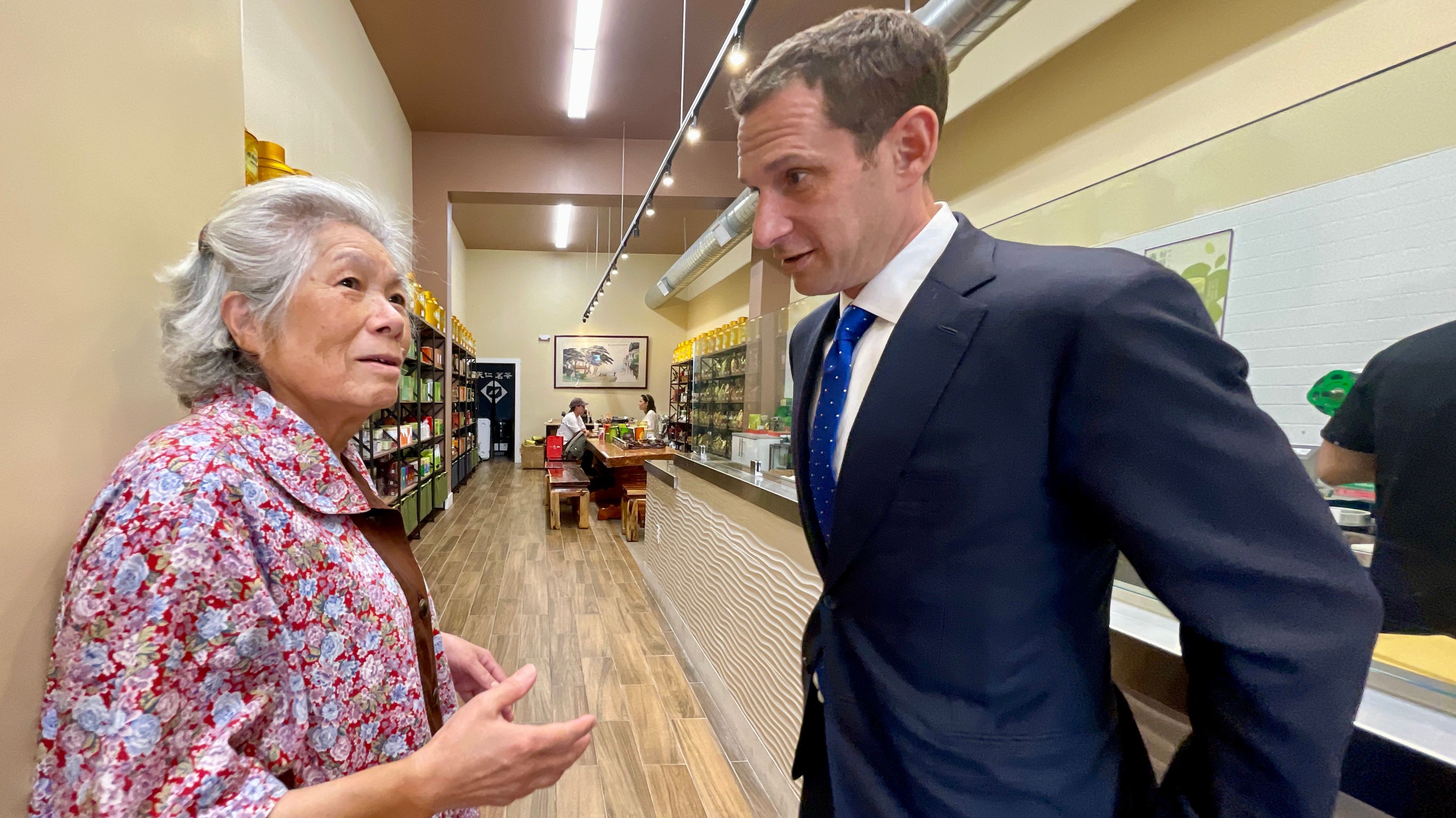 Mayoral candidate Daniel Lurie visits Lily Lii at her Ten Ren Tea Shop in San Francisco Chinatown. Lii has founded and managed her tea shop for over 40 years. Courtesy Lily Lii