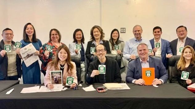 Treasurer Fiona Ma (first left in front row) announces the founding of the San Francisco Farm Bureau. Ted Fang (2nd left in front row) served as the bureau's Founding President.  Courtesy California Treasurer’s Office