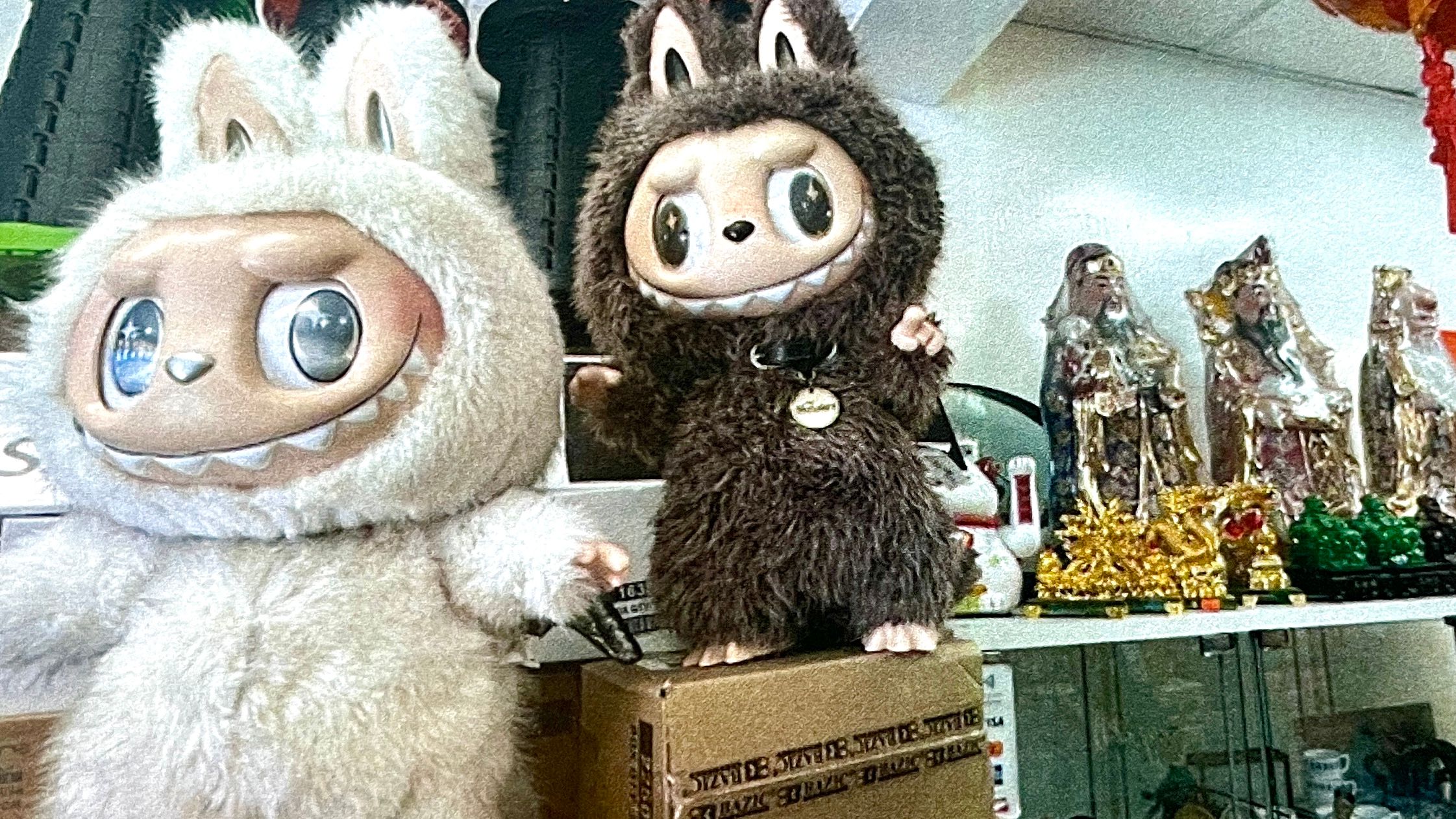 A man stole the popular 28-inch-tall Labubu dolls, Angel (left) and Zimomo, one at a time from the Trending House store on Clement Street corridor in September and October. Both Labubu dolls are worth of thousands of dollars. Courtesy Chen family