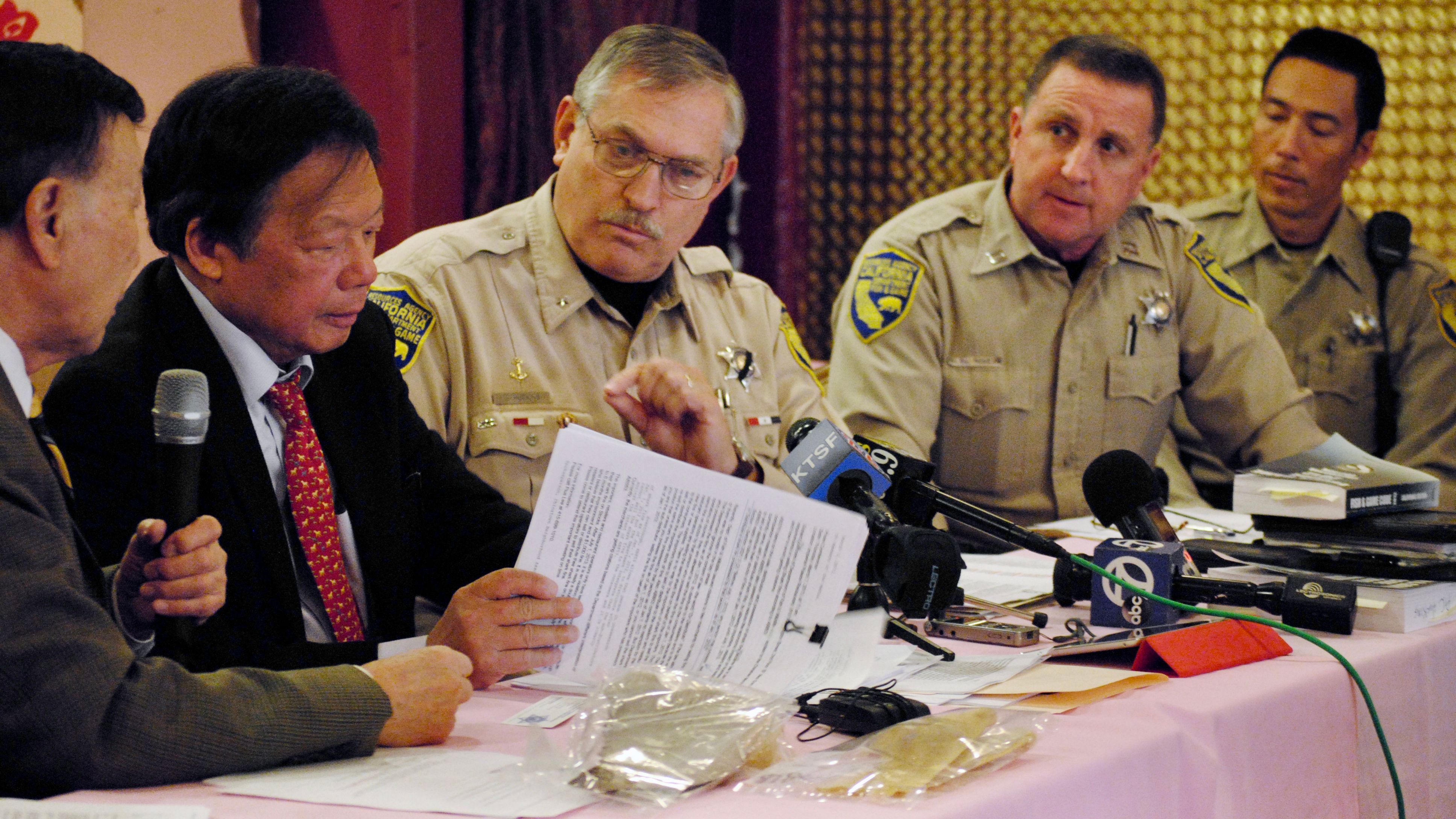 Pius Lee (2nd from far left) invited the California Department of Fish and Wildlife to join a press conference in San Francisco Chinatown in 2011 on the shark fin ban enforcement. Photo by Portia Li