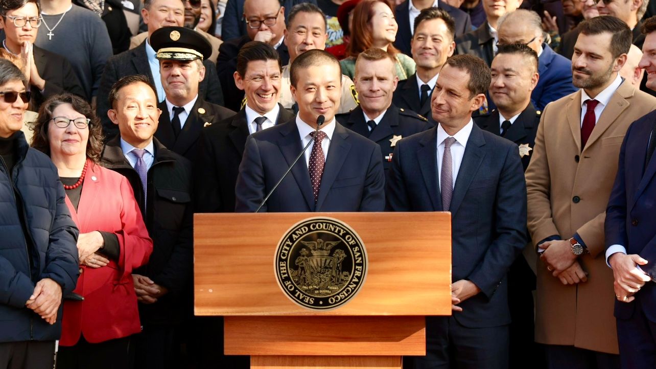 Alan Wong (center) is appointed by Mayor Daniel Lurie (2nd from far right in front row) on December 1 to fill the District 4 Supervisor vacancy for over a month. Courtesy Mayor Lurie’s account on X
