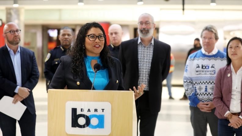 San Francisco Mayor London Breed (center) praises BART Powell St. Station modernization completed in time to welcome holiday shoppers. Courtesy BART Communications