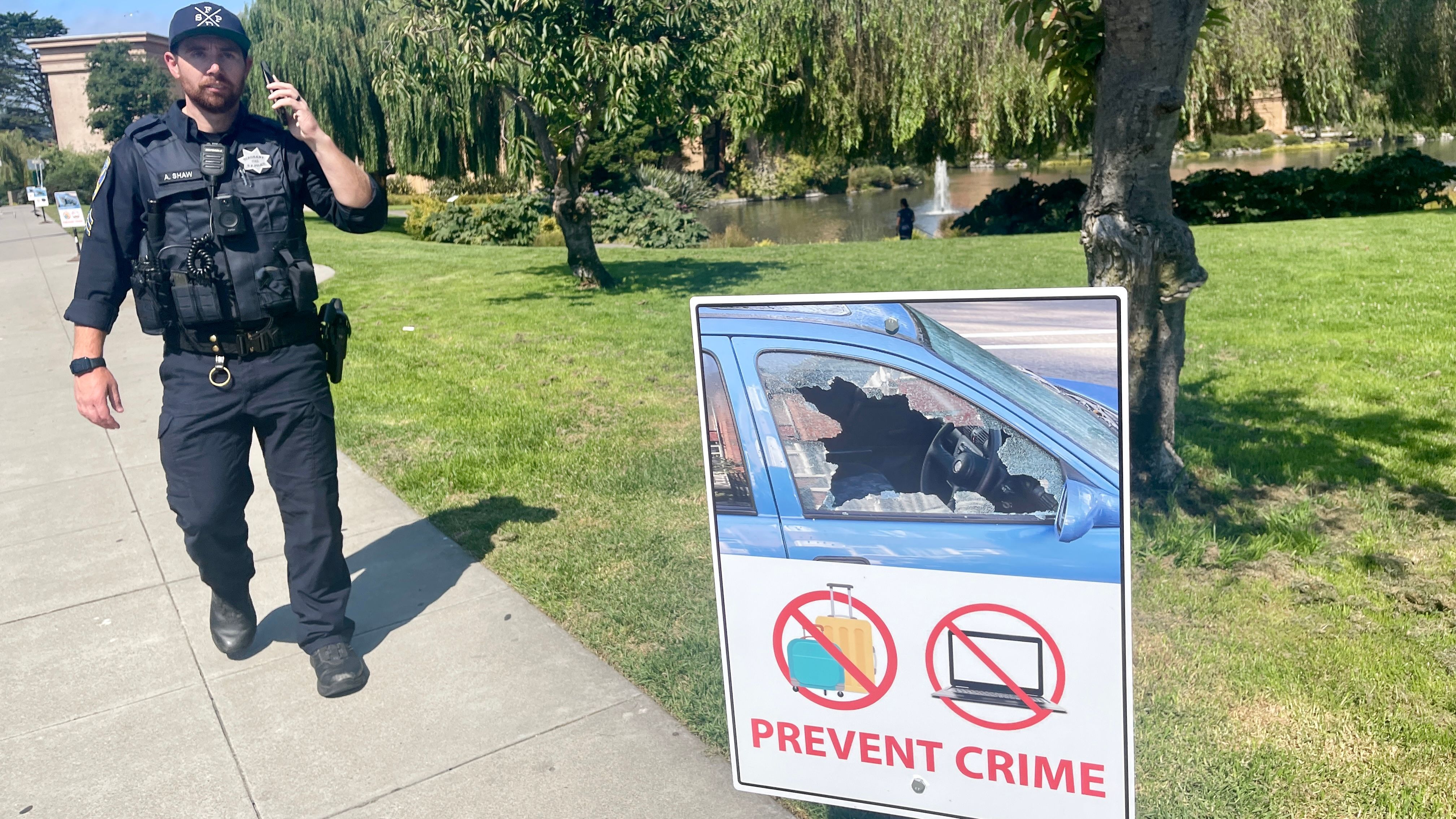 More officers patrol the tourist attraction areas like the Palace of Fine Arts to combat the auto break-ins. A large number of the crime prevention signs can be seen in those areas. Photo by Portia Li