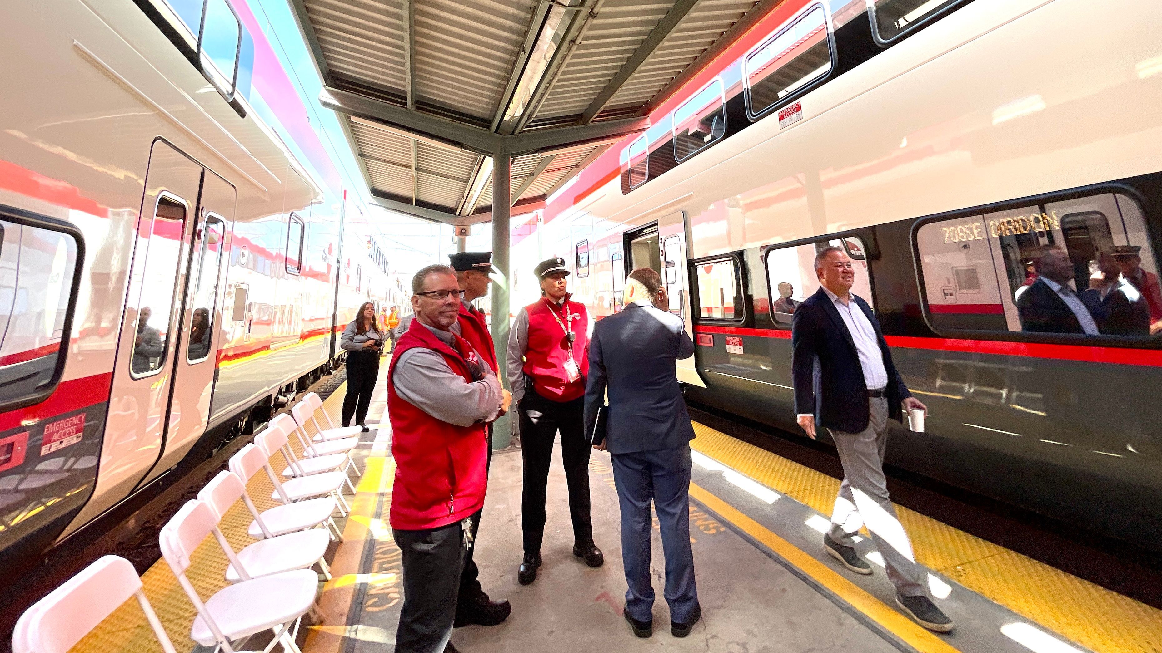 Assemblymember Phil Ting (1st right) joins the inaugural run of Caltrain’s new electric trains on August 10, 2024. Photo by Portia Li